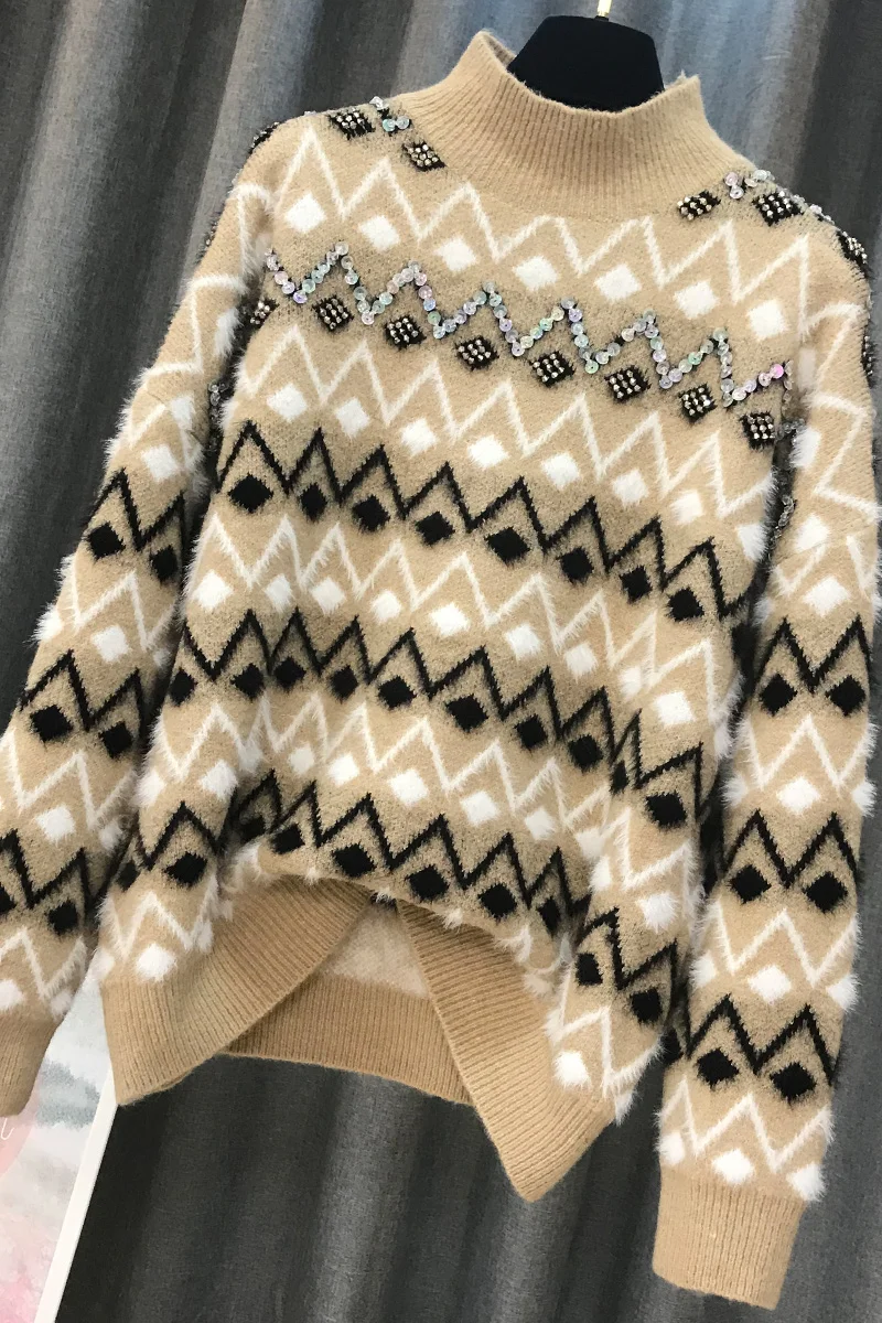 Женский свитер ALPHALMODA свободный с геометрическим узором расшитый блестками