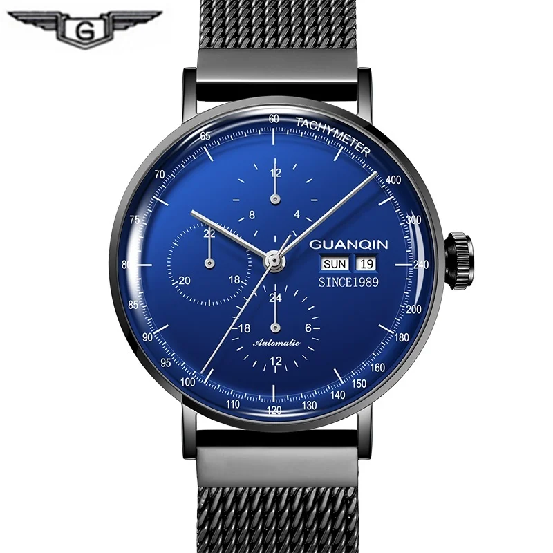 Blue black GUANQIN Tourbillon, автоматические водонепроницаемые часы, мужские наручные часы со скелетом, мужские механические 3D кривые часы, мужские часы - Цвет: Blue black