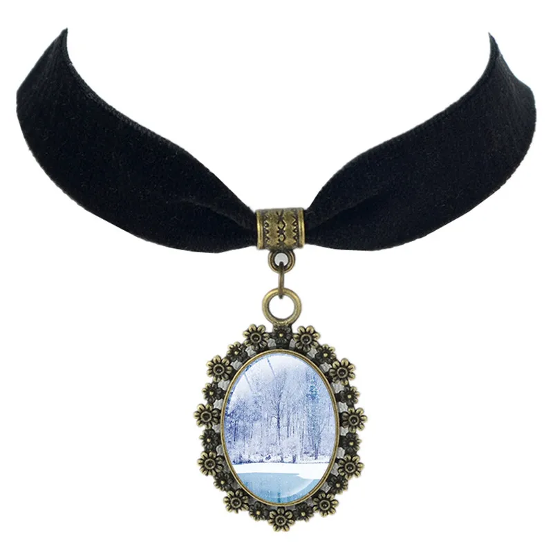 Зимняя Снежинка черное бархатное колье ожерелье природный пейзаж фото подвеска