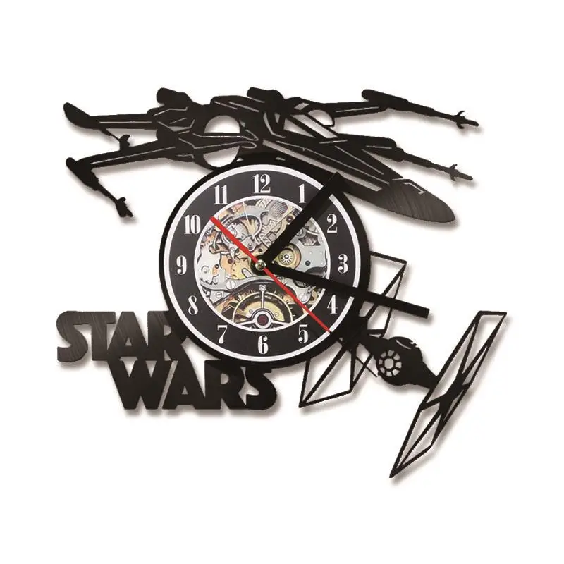 Creative Star Wars Theme Airplane Record Clock 3D Model Hollow Wall Clock Vinyl Record Material Antique Style Hanging Clock