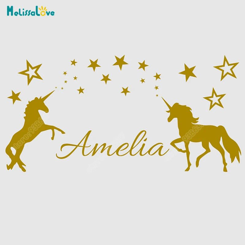 Персональная Наклейка на стену с изображением двух единорогов, Съемный Виниловый Декор для спальни на заказ, наклейка на стену «сделай сам» с любым именем для девочек, комнаты B836