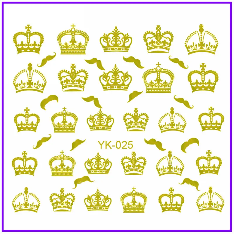 YK025 GOLD Золотые/серебряные наклейки для ногтей, металлические наклейки для ногтей, цветок, Рождество, корона, усы, Подарочная коробка, цирк, любовь, сердце, YK025-030 - Цвет: YK025 GOLD
