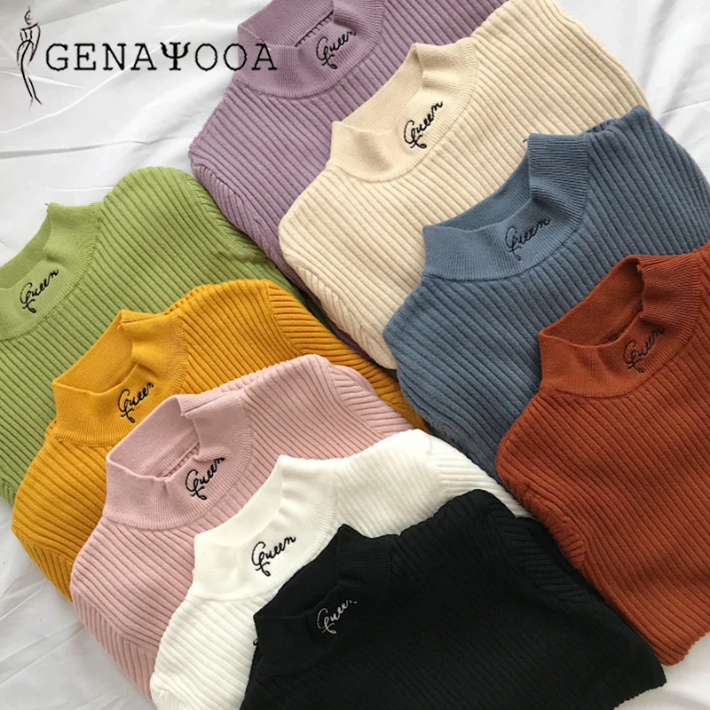 Genayooa Letter Sweater Woman Autumn And Winter Knitted Green Womens Pullover Long Sleeve Sweaters Slim Elastic | Женская одежда