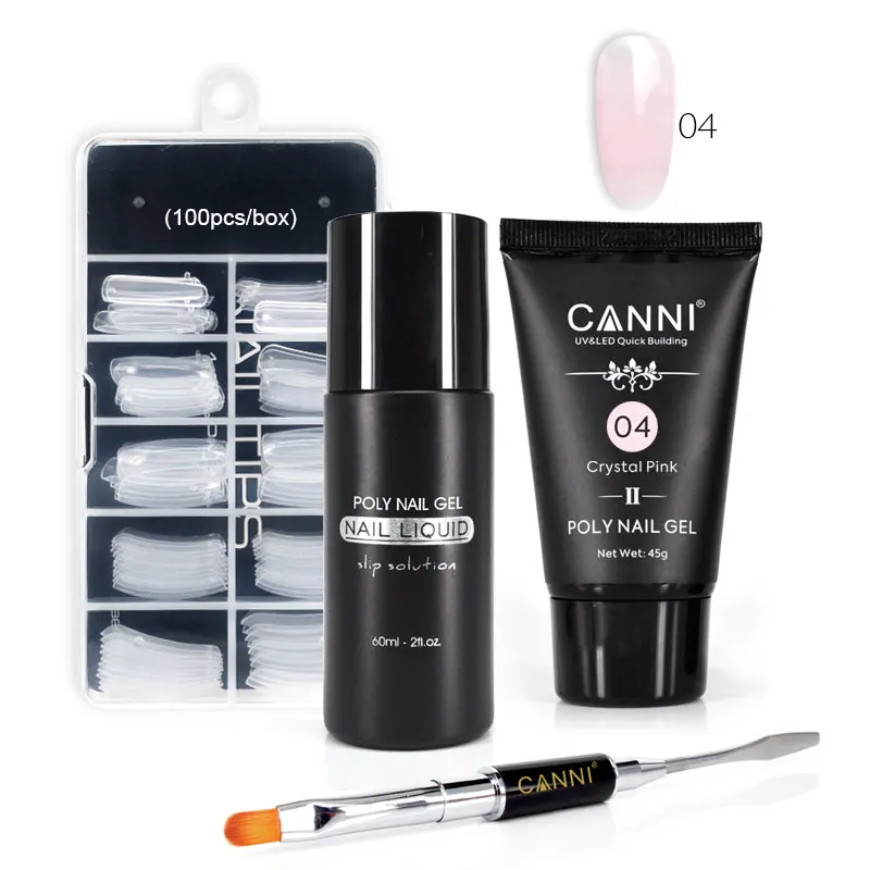 04 whole set CANNI не-липкий акриловый полигель 45 г+ ручка для дизайна ногтей с двойной головкой+ жидкий раствор для ногтей+ Кристальные наконечники весь набор настоящий полигель комплект - Цвет: 04 whole set