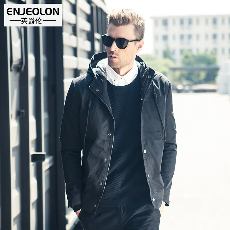 Бренд Enjeolon, осенняя куртка-бомбер с капюшоном, Мужская ветровка, модные черные однотонные мужские пальто, мужские куртки с капюшоном и воротником, пальто WT2013