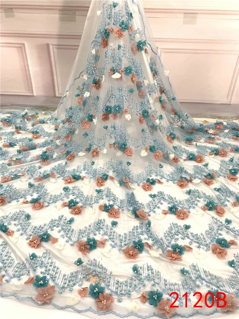 Высокое качество нигерийская кружевная ткань 3D Цветы Тюль Кружево Роскошная ручная работа Бисером кружевная ткань для женщин Свадебные платья APW2120B