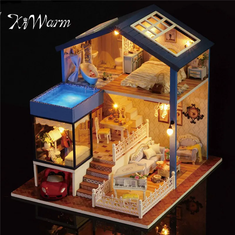 New KiWarm Fashion Wooden Assembled Cottage Dollhouse Miniature With Furniture LED Light Home Room Set Gift DIY Ornament | Игрушки и