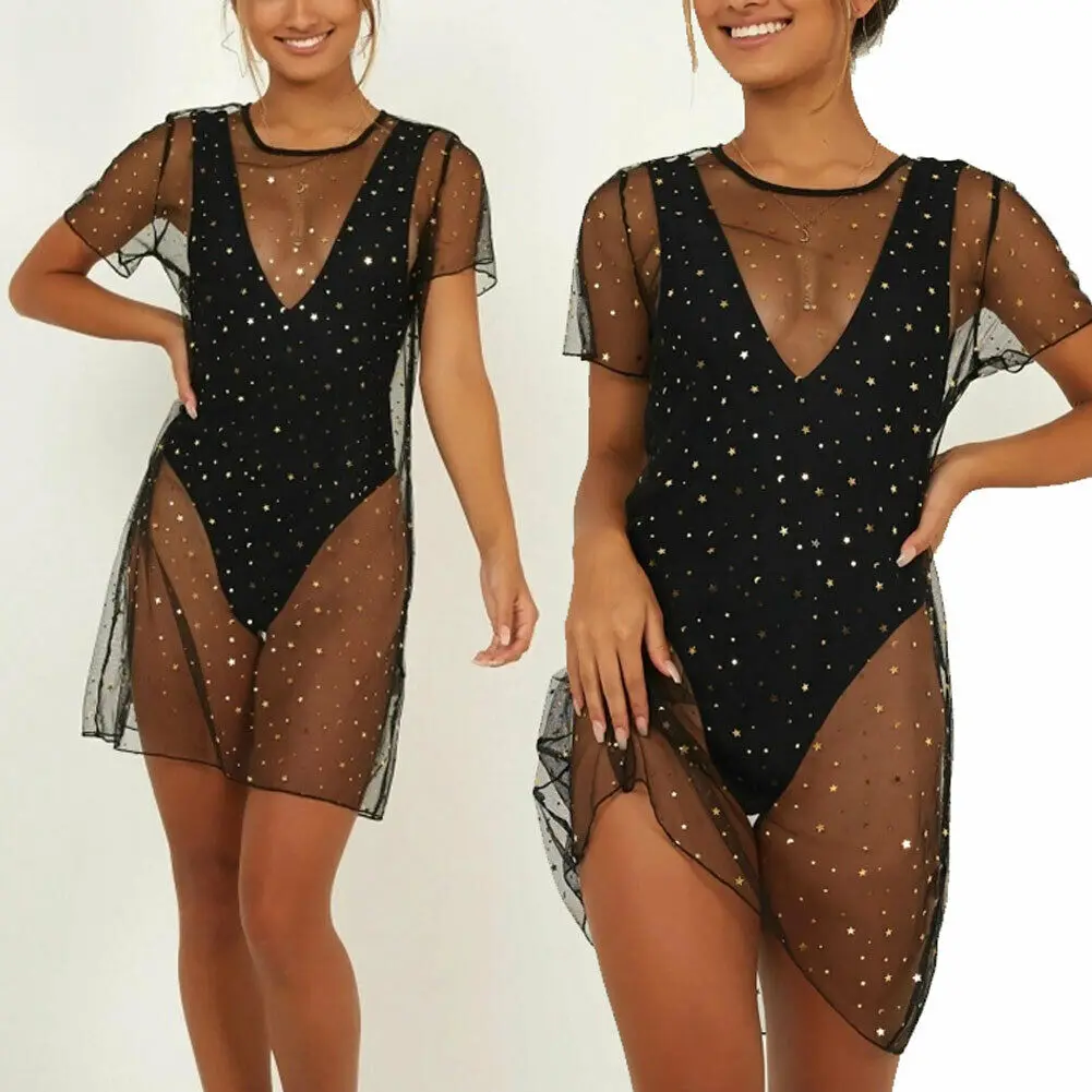 Новинка 2019 Модный женский купальник Сетчатое платье с блестками прозрачный