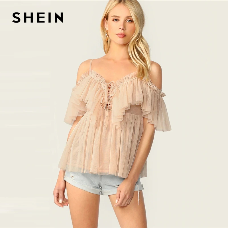 SHEIN Нарядная Блуза На Бретельках С Оборками, Топ Без Рукавов С Воланами, Открытыми Плечами И Шнуровкой
