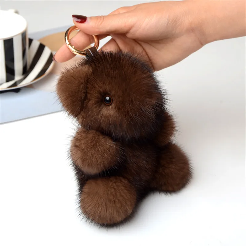 JKP натуральный норковый коричневый кожаный брелок с медведем ручной работы из