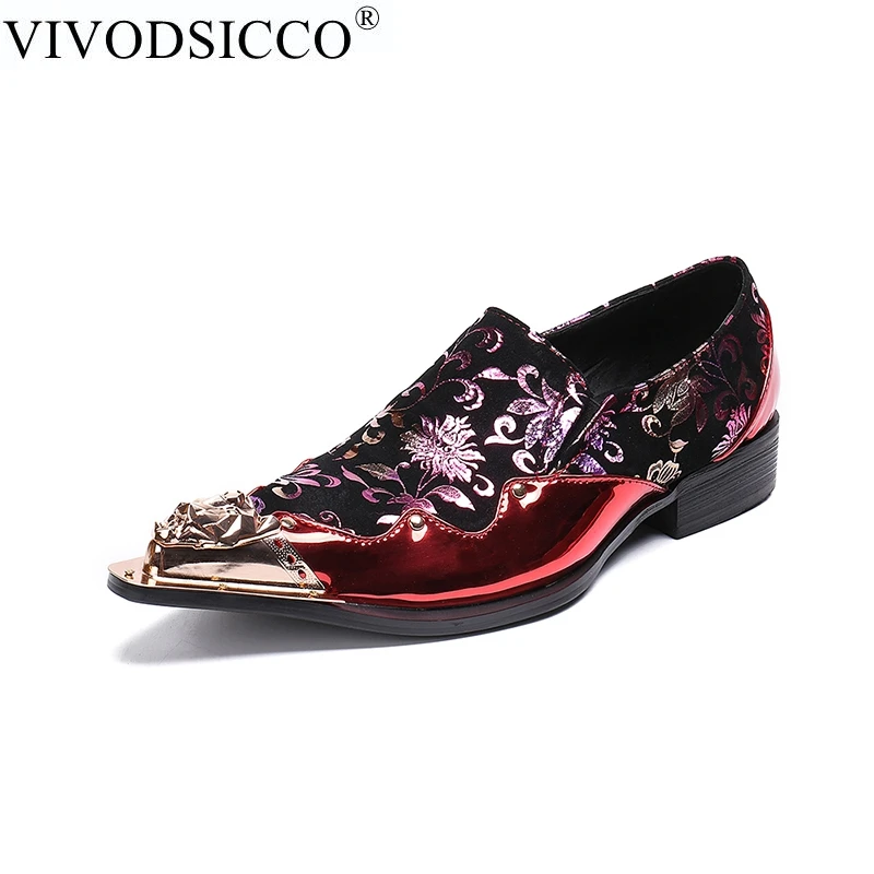 

VIVODSICCO Classic Genuine Leather Metal Tip Slippers Flats Banquet Wedding Mens Dress Shoes Rivets Patent Leather Print Shoe