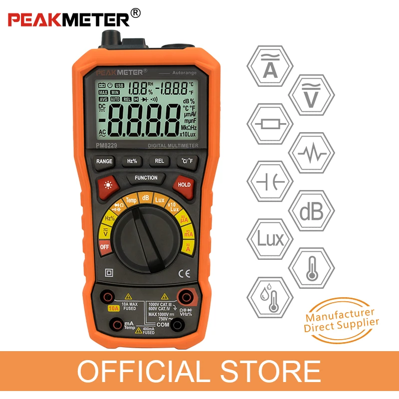 PEAKMETER PM8229 5 в 1 Автоматический цифровой мультиметр с многофункциональным Lux Уровень звука Частота Температура влажность тестер метр