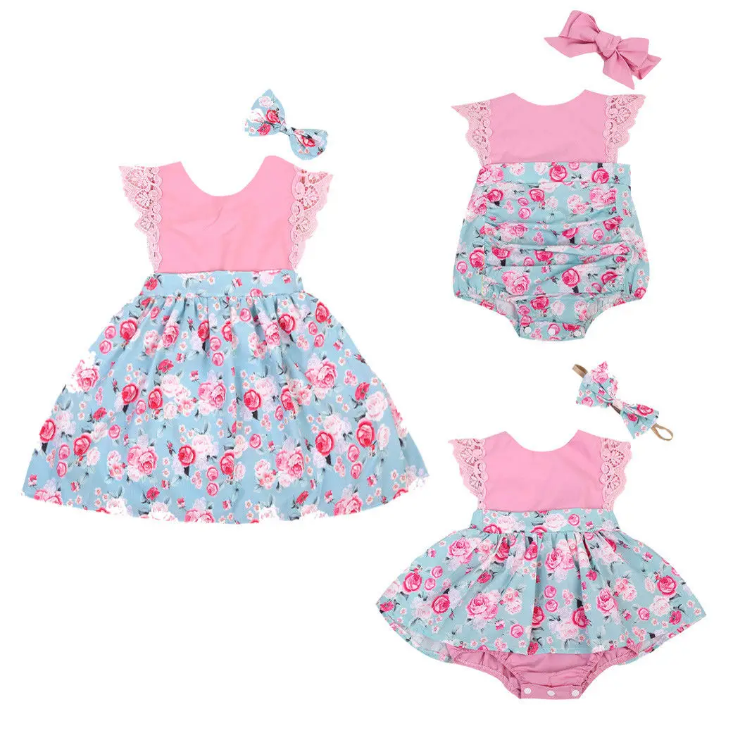 Baby Girls Kids 2Pcs Outfits Set Floral Princess Print Dress Lace Romper +Headband 2pcs Party | Мать и ребенок