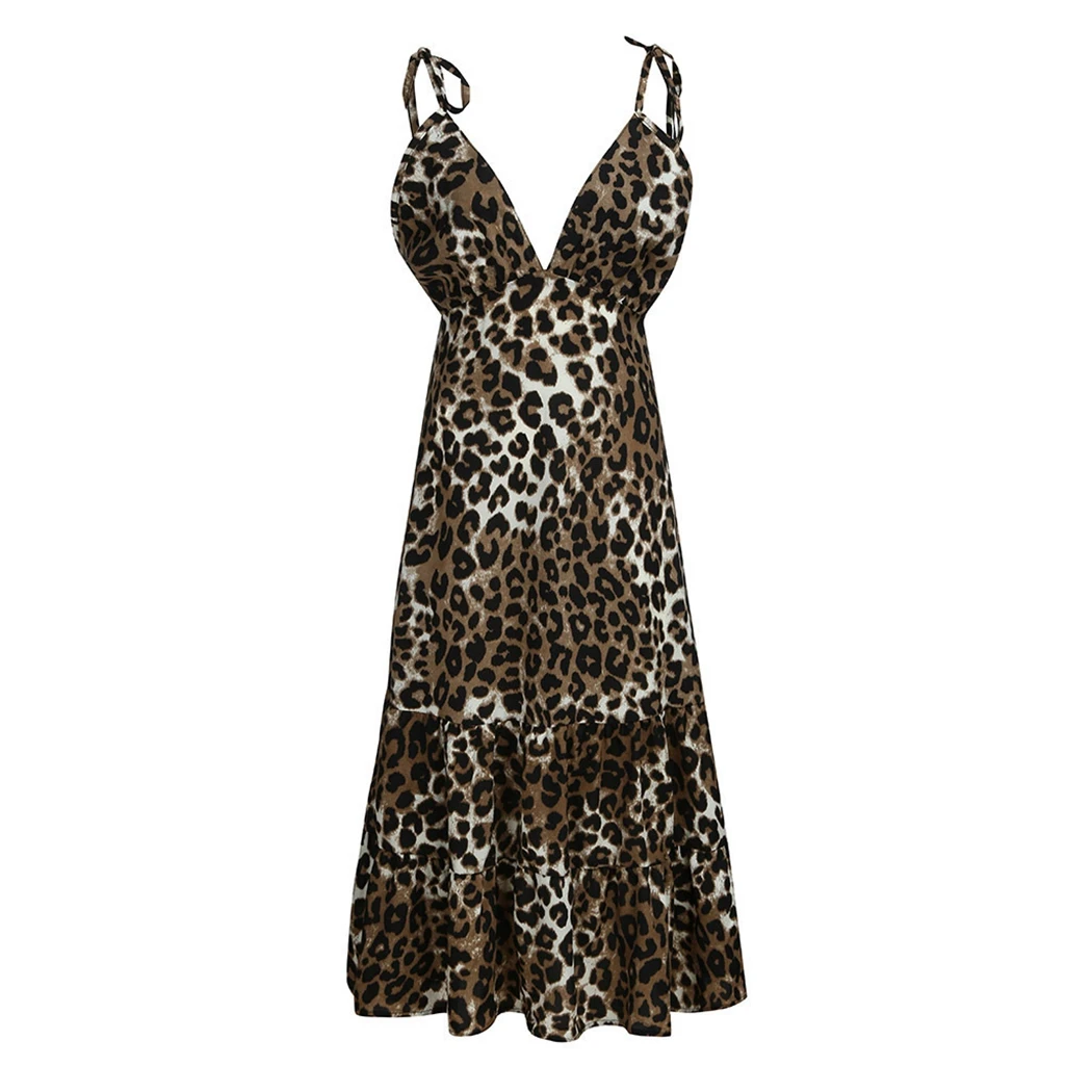 Sexy Leopard Backless Halter Dress Women New Party Club V-Neck Dresses Summer Spaghetti Strap Sleeveless Ruffle Long | Женская одежда