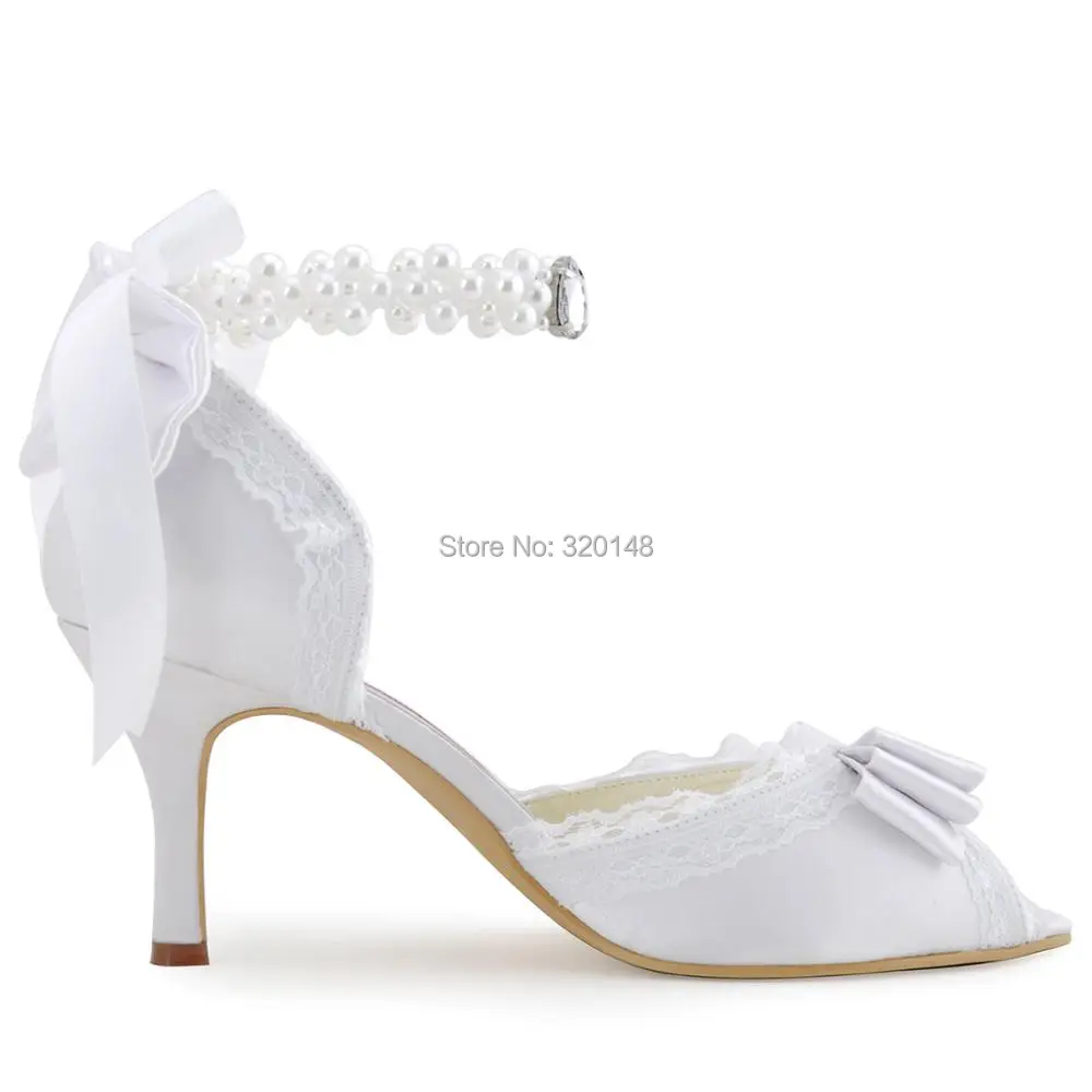 Woman Wedding Shoes A3202 Ivory White High Heel Pearls Ankle Strap Peep Toe Bow Satin Lady bride Evening Prom dress Bridal Pumps | Обувь