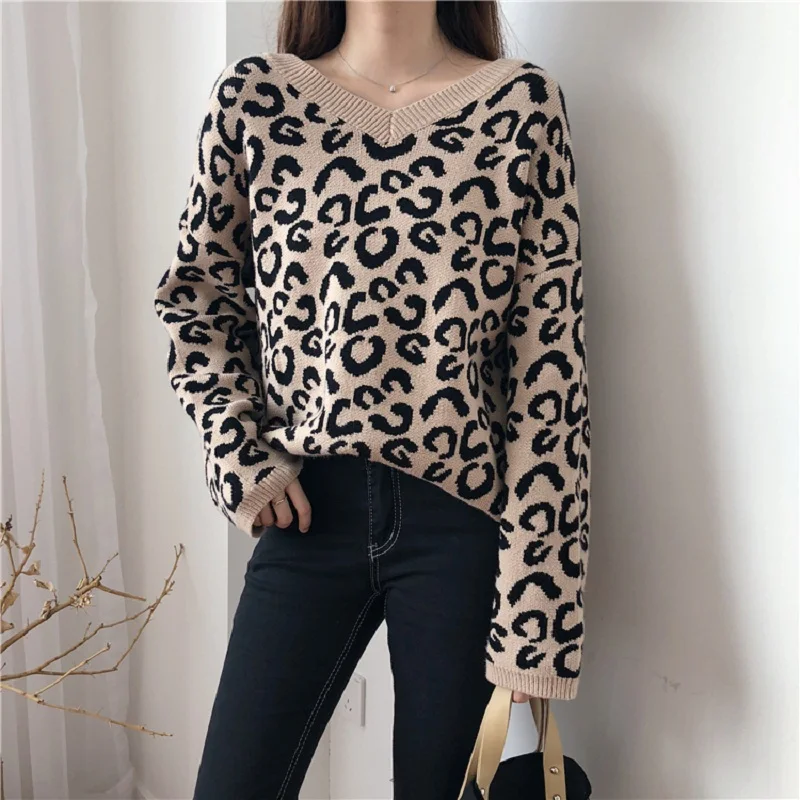 korean streetwear casual Leopard color double V-neck sweater women 2018 autumn winter | Женская одежда