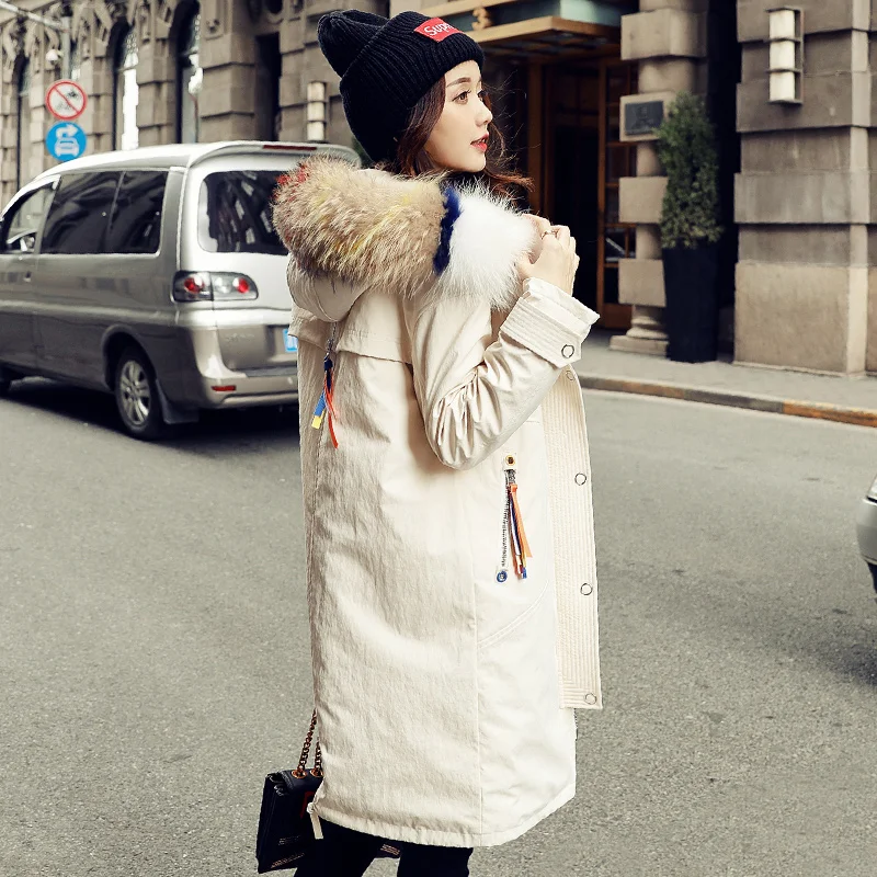 Beige AYUNSUE Winter Down Jacket Woman Hooded Korean Big Racoon Fur Collar Long Coat Female Jackets Wadded Parkas Veste Femme KJ489 - Цвет: Beige