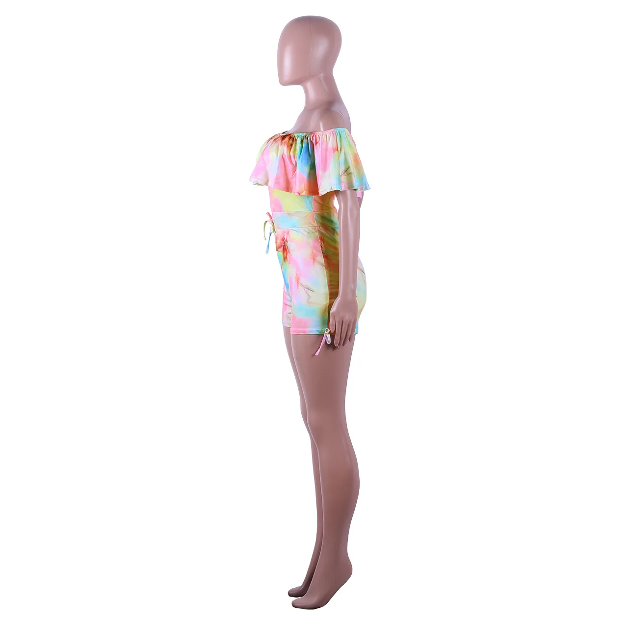 Сексуальный бандажный комбинезон с принтом Tie Dye, женский пляжный короткий комбинезон с вырезом лодочкой и рюшами на рукавах, Летний комбинезон с открытой спиной размера плюс, обтягивающий комбинезон