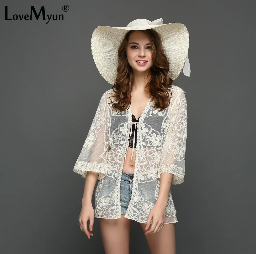 Женские блузки с кружевными цветами повседневные длинным рукавом кимоно