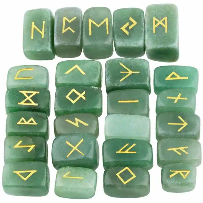 Green Aventurine TUMBEELLUWA 25 шт./компл. Руна камни гравировкой Старший ФУТАРК рунические алфавиты Wicca, с украшением в виде кристаллов Исцеление Рейки - Цвет: Green Aventurine