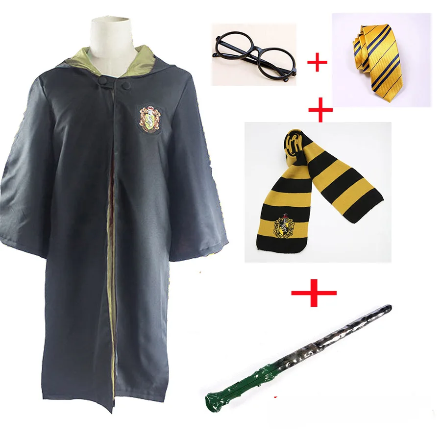 Hufflepuff set Халат, накидка, галстук, шарф, палочка, очки Ravenclaw/Gryffindor/Hufflepuff/Slytherin Robe, Маскарадные костюмы, Гермиона, костюм 23 - Цвет: Hufflepuff set