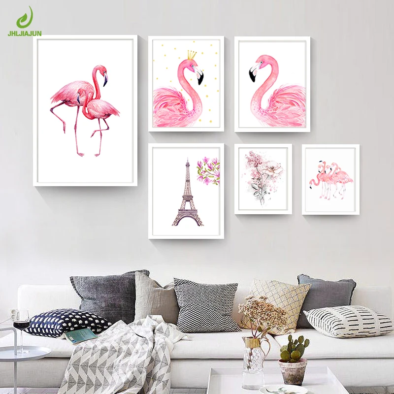 Картина на холсте с фламинго акварелью и принтом