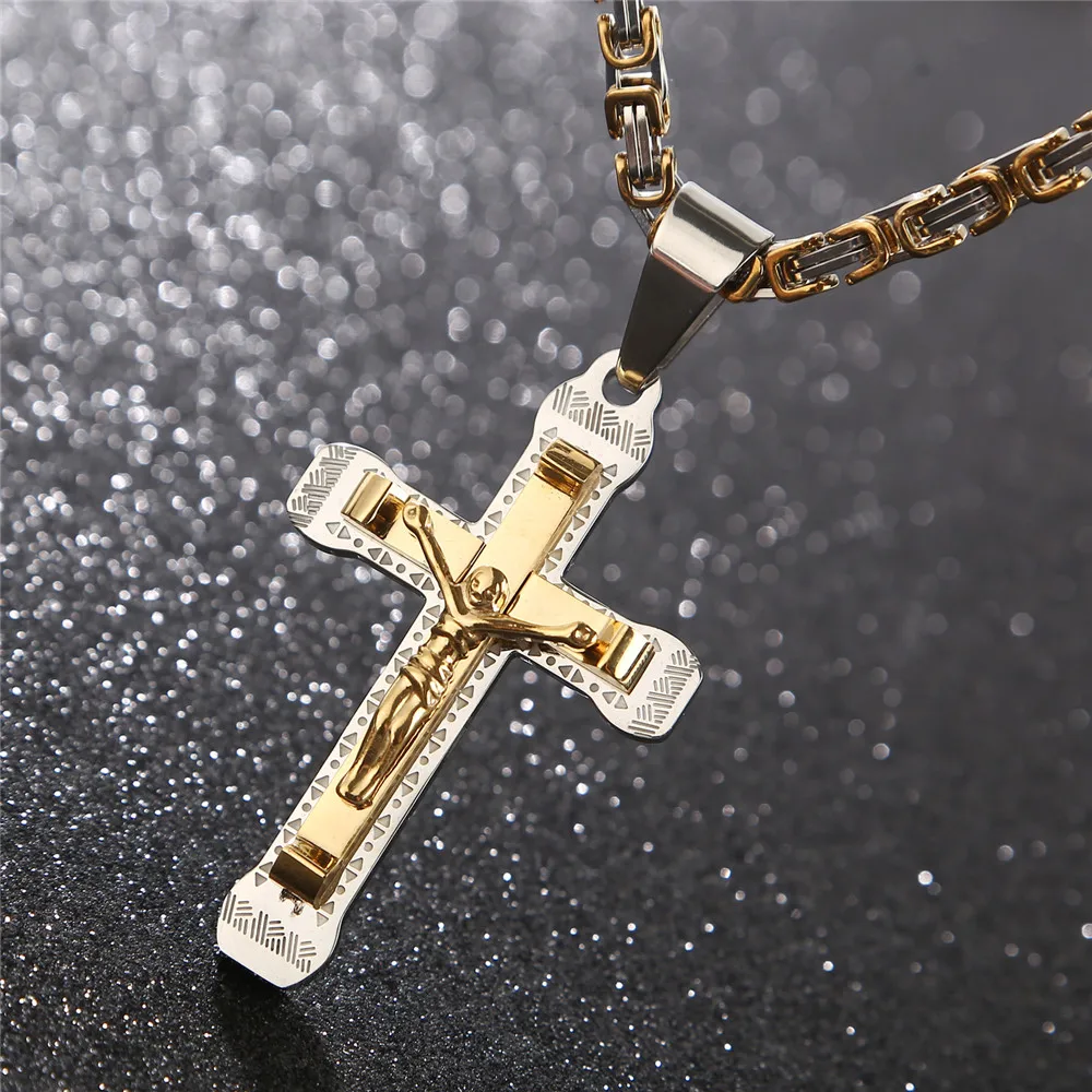 Jesus Mens Chain silver/Gold Tone Link chain Stainless Steel Cross PENDANT NECKLACE 24''
