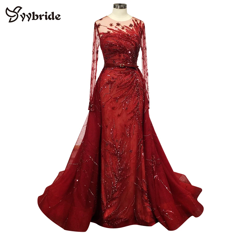 

Newest High Quality Customized Red Beading Evening Dresses O-neck Mermaid with Chapel Train Crystals Lllusion Prom Dresses 2019