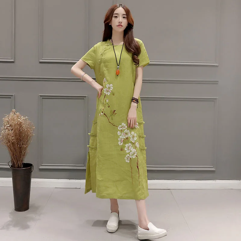 Платье женское из хлопка и льна с принтом повседневное льняное свободное