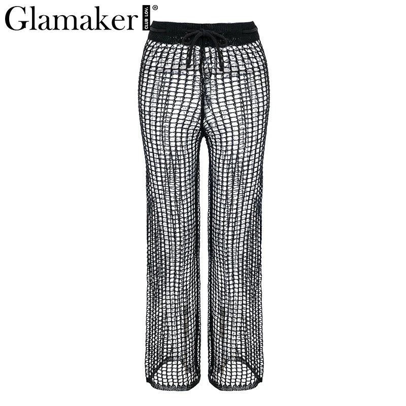 Glamaker, прозрачные сетчатые белые сексуальные штаны, женские вязаные Широкие штаны, повседневные Капри, вечерние, Клубные, летние, весенние, штаны