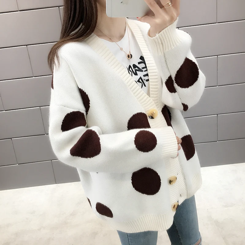 2019 весенне-осенний свитер женский в горошек с большим волнистым v-образным