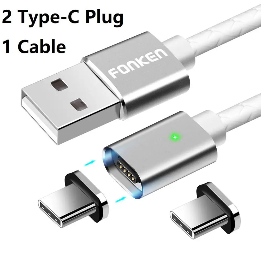 Магнитный кабель FONKEN type-C, USB C, кабель для быстрой зарядки телефона, светодиодный двусторонний кабель для быстрой зарядки и синхронизации данных для мобильного телефона - Цвет: 2 Plug 1 White Cord
