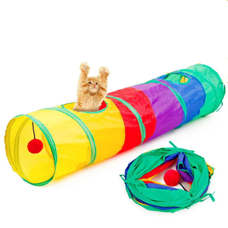 Складная игрушка для кошек, канальная игрушка, вращающаяся головоломка, радуга, 2 отверстия, кошачий туннель, игровой мяч, котенок, Интерактивная игрушка для кошек, котенок