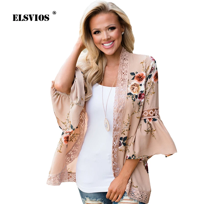 ELSVIOS осень кружево Лоскутная Блузка Топ тонкое пальто для женщин с расклешенными
