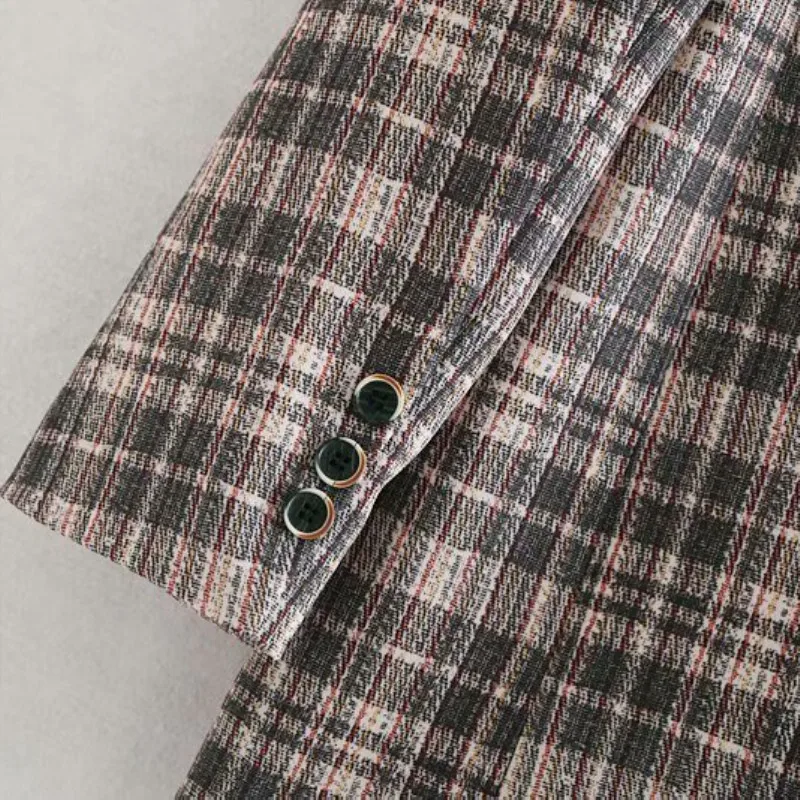 NSZ Women Checked Jacket Vintage Plaid Blazer Office Lady Coat Long Sleeve Double Breasted Pocket Decoration Outerwear | Женская одежда