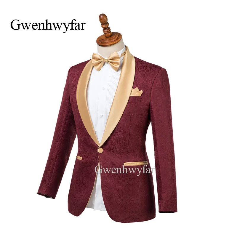 Gwenhwyfar на заказ винно-Красный жаккардовый мужской свадебный костюм 2018