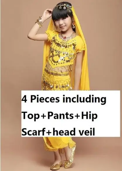 Yellow 4 pieces Детский набор костюма для танца живота Дети танец живота девушки Болливуд индийские костюмы для выступлений - Цвет: Yellow 4 pieces