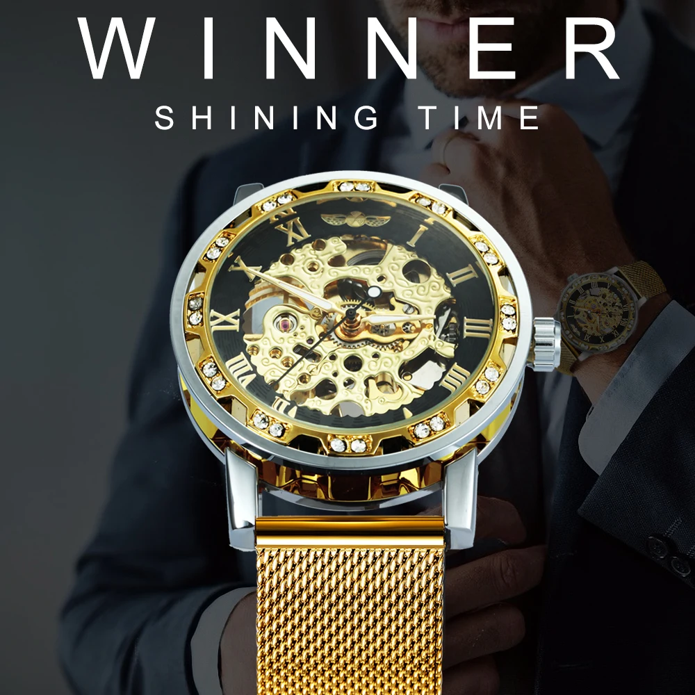 WINNER официальный Скелет механические часы для мужчин Золотой сетчатый ремешок Кристалл Iced Out мужские s часы Лидирующий бренд Роскошные Аналоговые наручные часы