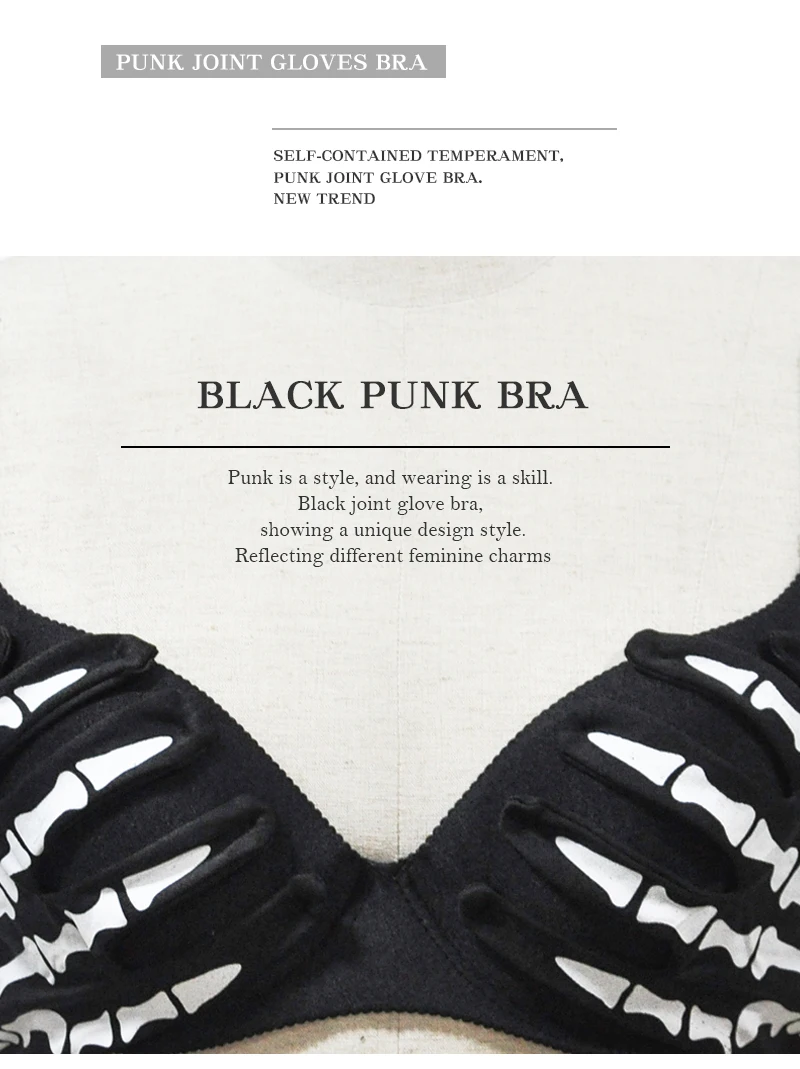 Black With White Skeleton Hands Pattern Punk Gothic Bras For Women Push Up Bra Sexy Bralette Top Brassiere Femme Nightclub Wear