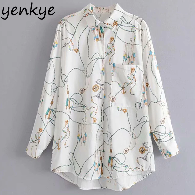 Винтаж цепи с принтом женская рубашка блузка лёгкой струящейся ткани длинными