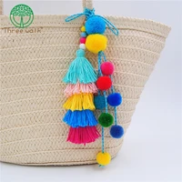 boho style pompons keychains with colorful tassel for women bag hanging wooden beads pendant summer jewelry