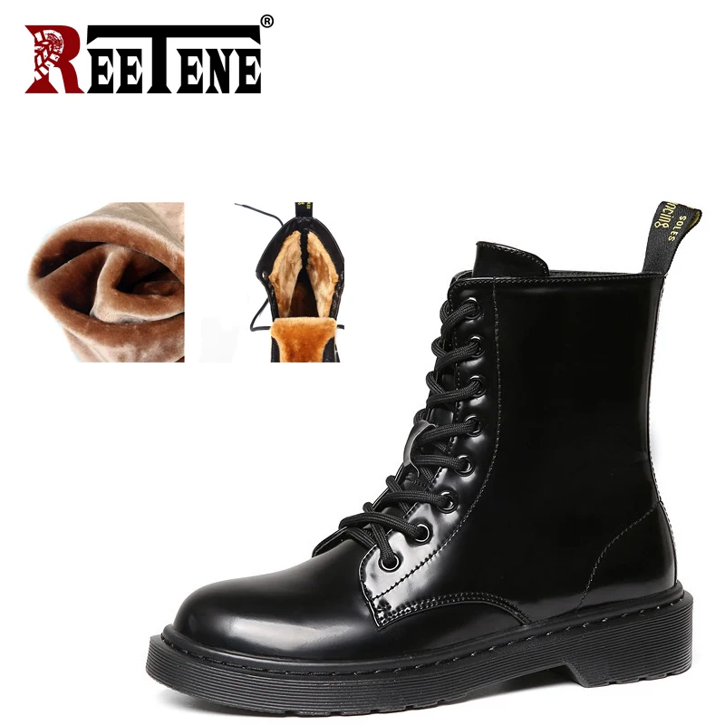Black pu REETENE/зимняя обувь; женские Теплые повседневные ботинки на меху; женские модные ботильоны черного цвета; женские армейские ботинки на шнуровке; женская обувь - Цвет: Black pu