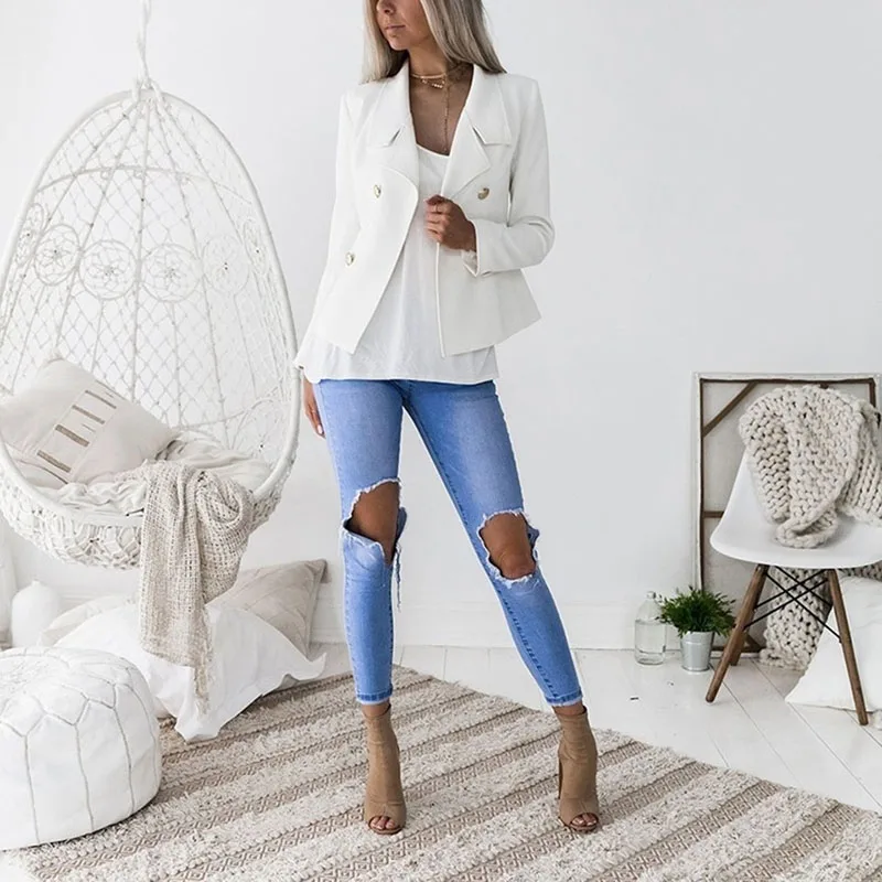 Новый Женский блейзер высокого качества черный пиджак женский двубортный с