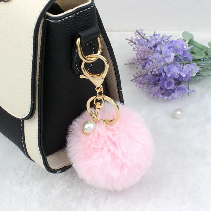 Pink Модные женские Брелки с помпонами из искусственного кроличьего меха, пушистые брелки для ключей с жемчугом, брелки для автомобиля, аксессуары для сумок, брелоки - Цвет: Pink