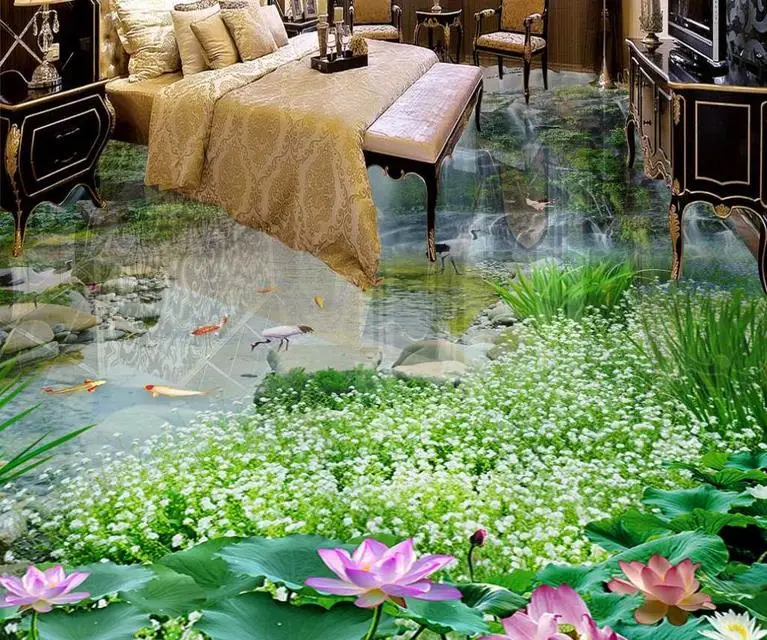 3d пол гостиной обои водопады Лотос Карп водонепроницаемые самоклеющиеся