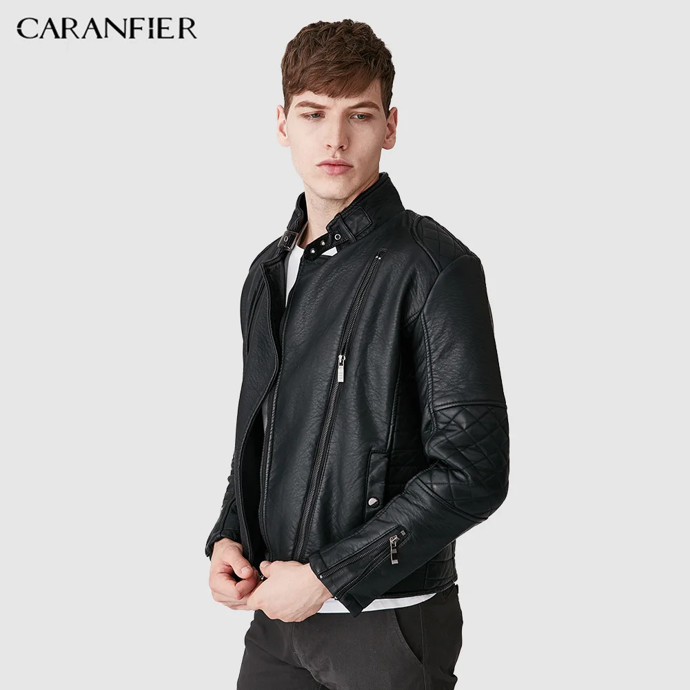 CARANFIER Мужская осенняя куртка из искусственной кожи приталенная мотоциклетная на