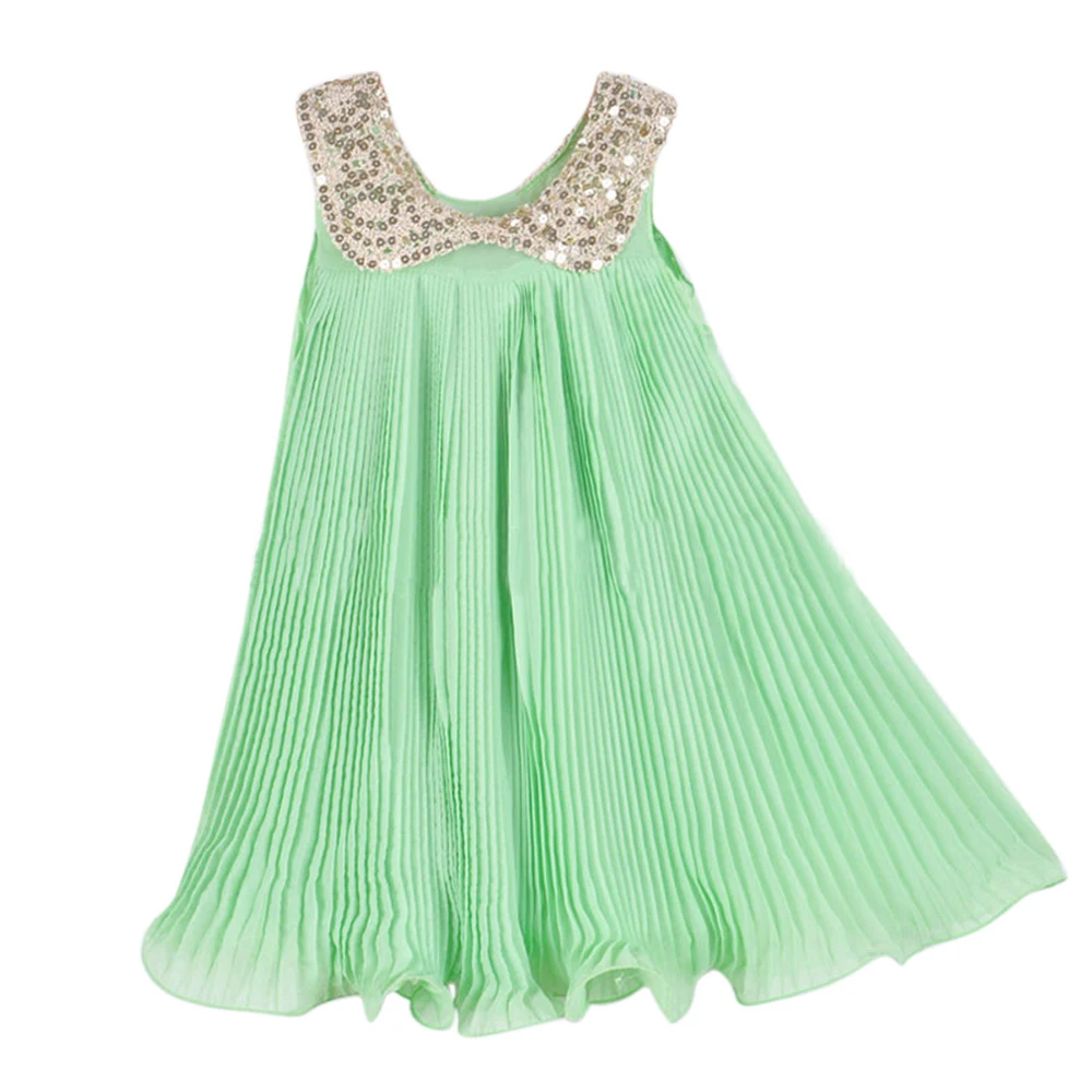2019 Summer Girl Dress Pleated Chiffon One-Piece With Paillette Lace Collar Children Colthes For Kids Baby Pink/Green | Детская одежда