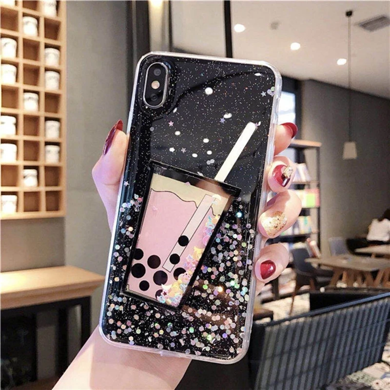 Модный прозрачный цветной блестящий чехол для телефона iPhone X XR XS Max 3D молочный чай