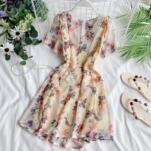 Apricot dress Korobov корейское элегантное шифоновое платье с цветочным принтом летнее новое платье с v-образным вырезом и коротким рукавом Vestidos высокая Талия пляжные платья 78395 - Цвет: Apricot dress