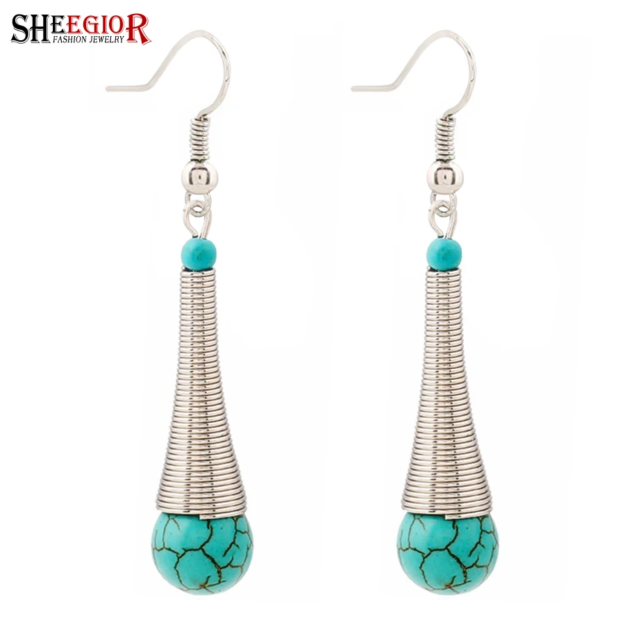 Богемные этнические милые серьги подвески бирюзы Bijoux Femme Серебристые Весенние